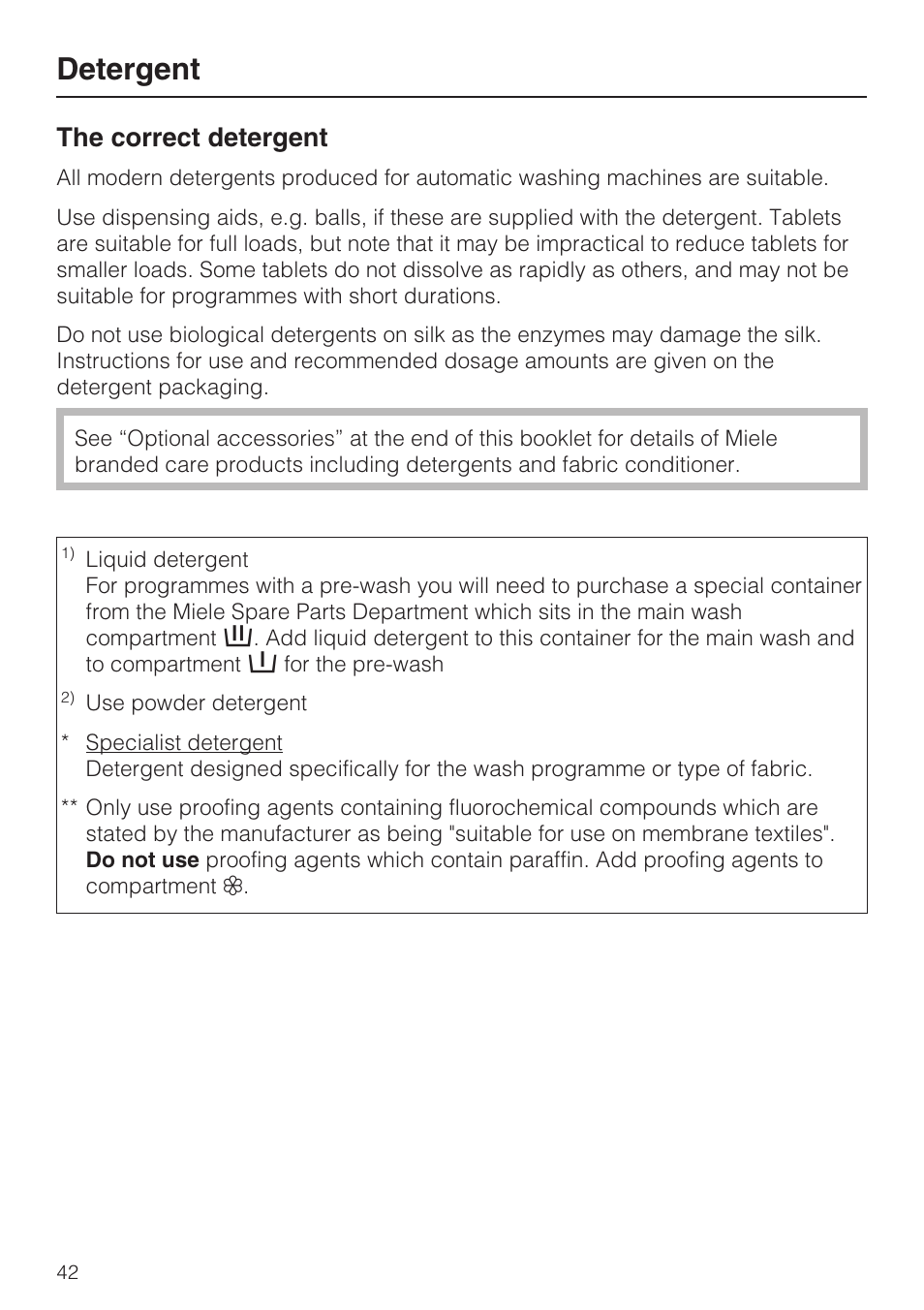 Detergent 42, The correct detergent 42, Detergent | The correct detergent | Miele W 5964 WP User Manual | Page 42 / 84