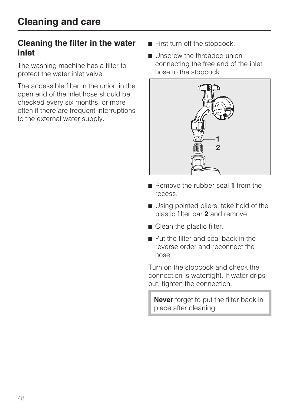 Cleaning the filter in the water inlet 48, Cleaning and care, Cleaning the filter in the water inlet | Miele W 5964 WP User Manual | Page 48 / 84