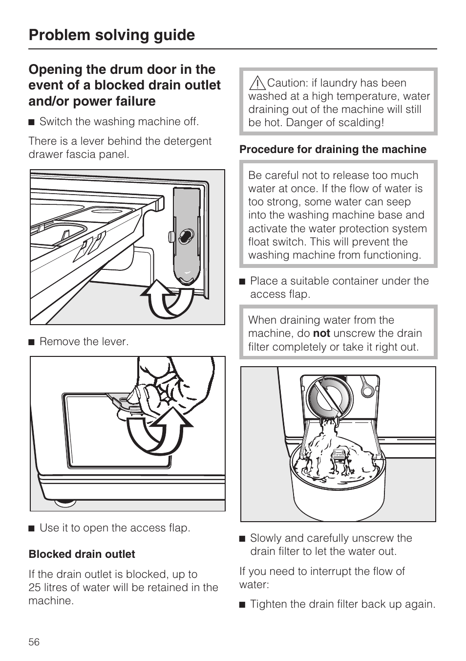 Blocked drain outlet 56, Problem solving guide | Miele W 5964 WP User Manual | Page 56 / 84