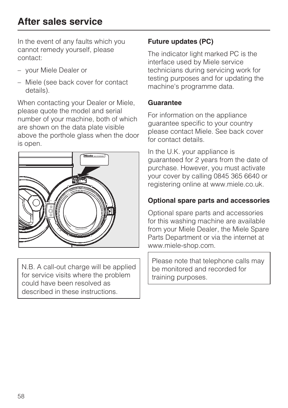 After sales service 58, Future updates (pc) 58, Guarantee 58 | Optional spare parts and accessories 58, After sales service | Miele W 5964 WP User Manual | Page 58 / 84