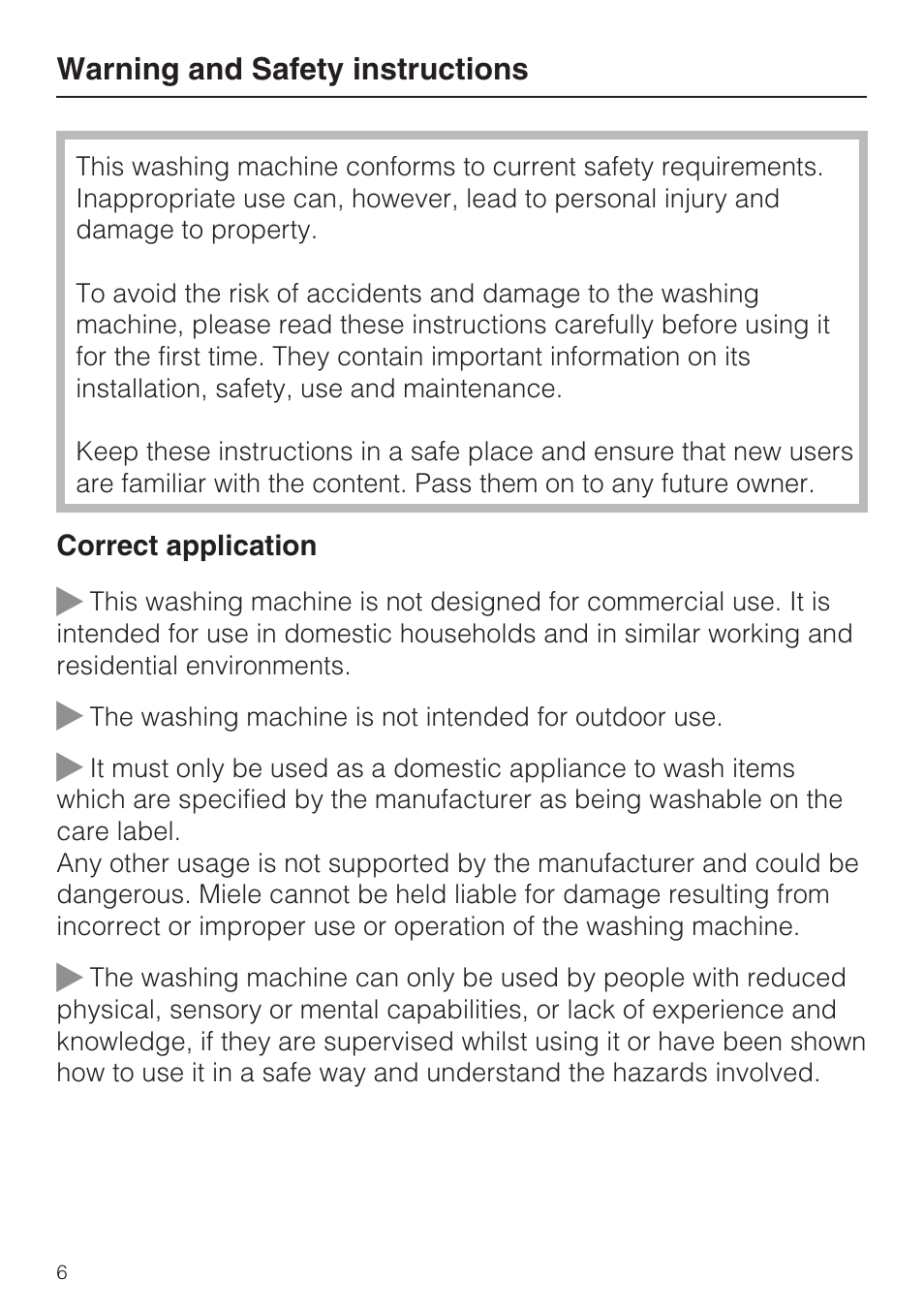 Warning and safety instructions 6 | Miele W 5964 WP User Manual | Page 6 / 84