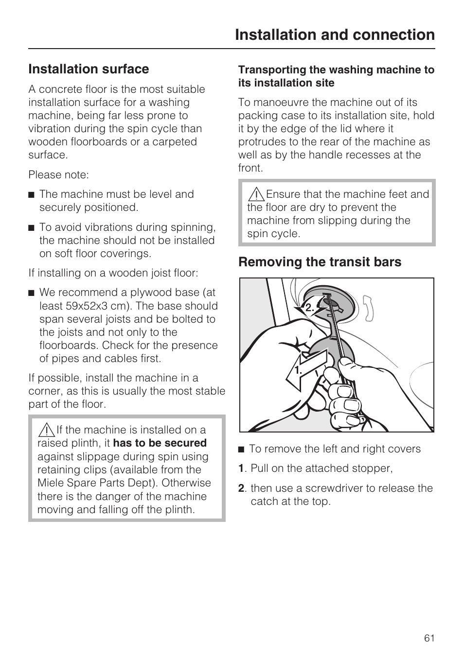 Installation surface 61, Removing the transit bars 61, Installation and connection | Installation surface, Removing the transit bars | Miele W 5964 WP User Manual | Page 61 / 84
