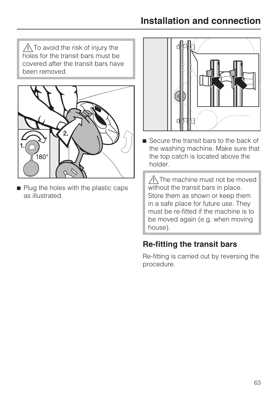 Re-fitting the transit bars 63, Installation and connection | Miele W 5964 WP User Manual | Page 63 / 84