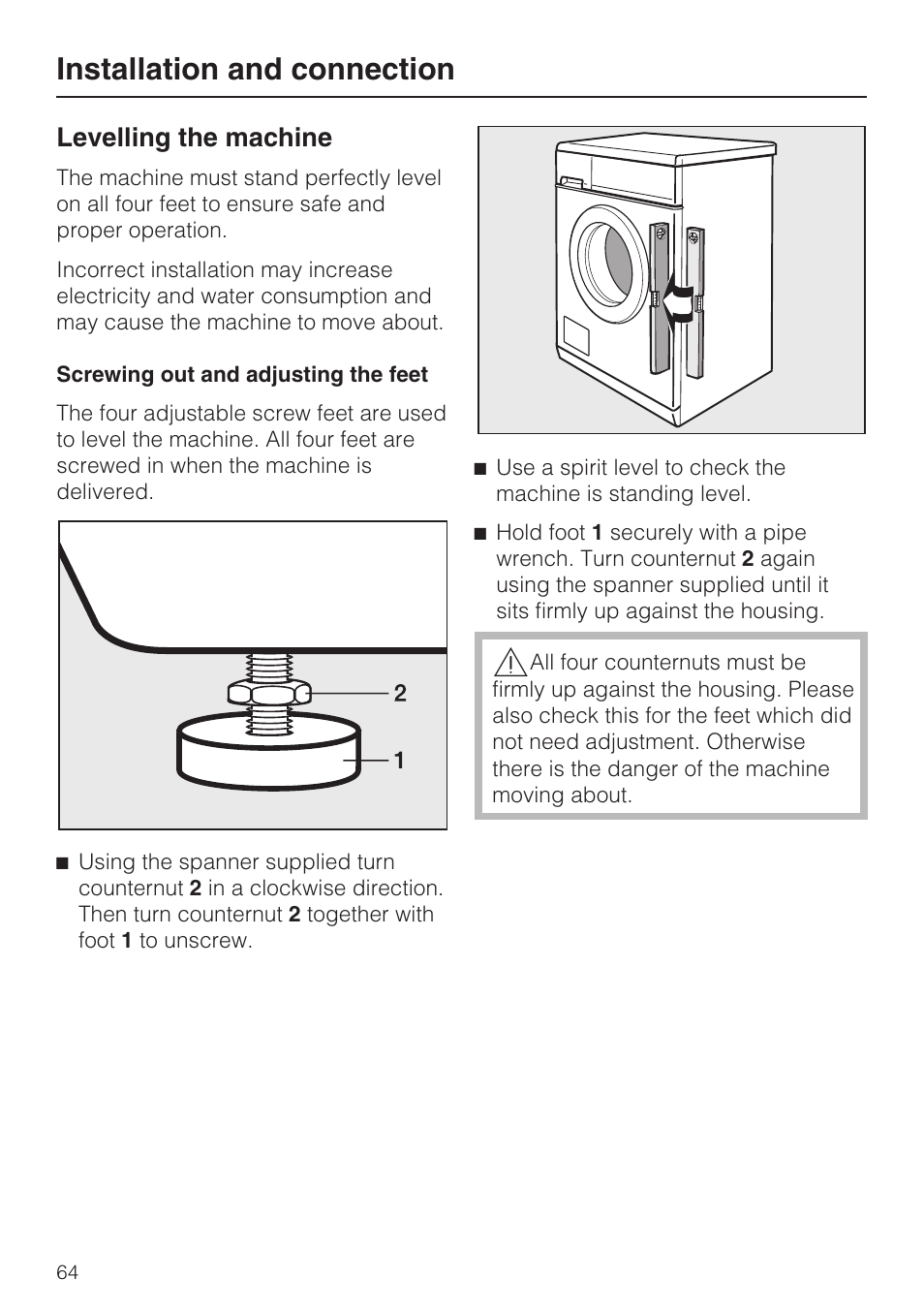 Levelling the machine 64, Screwing out and adjusting the feet 64, Installation and connection | Levelling the machine | Miele W 5964 WP User Manual | Page 64 / 84