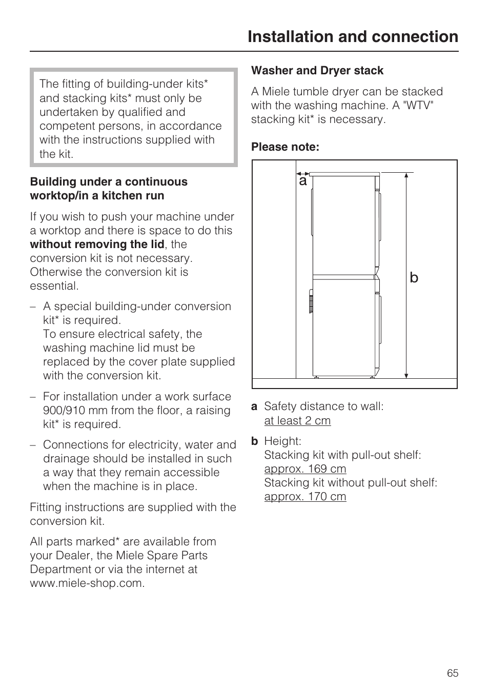 Washer and dryer stack 65, Installation and connection | Miele W 5964 WP User Manual | Page 65 / 84
