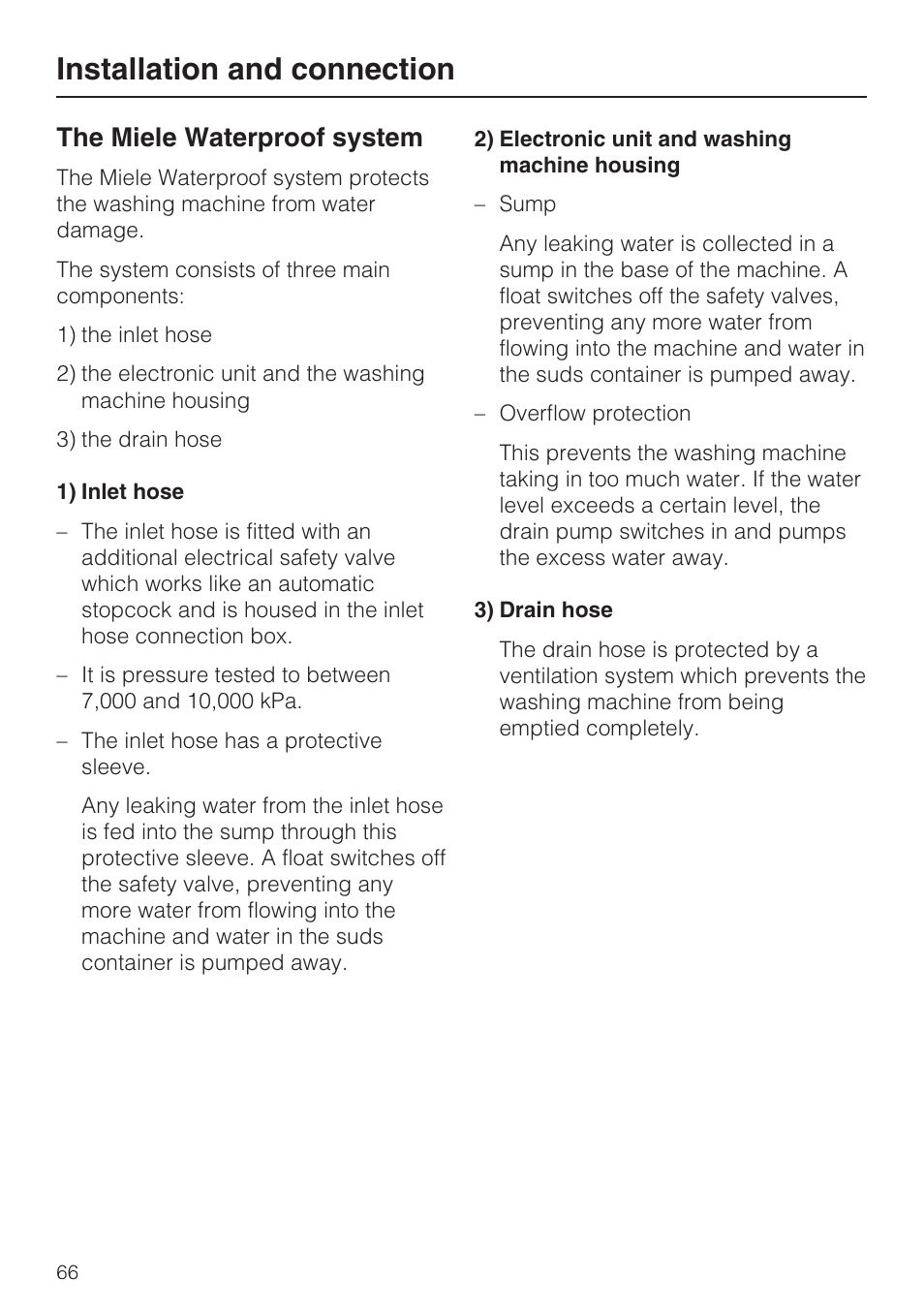 The miele waterproof system 66, Installation and connection, The miele waterproof system | Miele W 5964 WP User Manual | Page 66 / 84