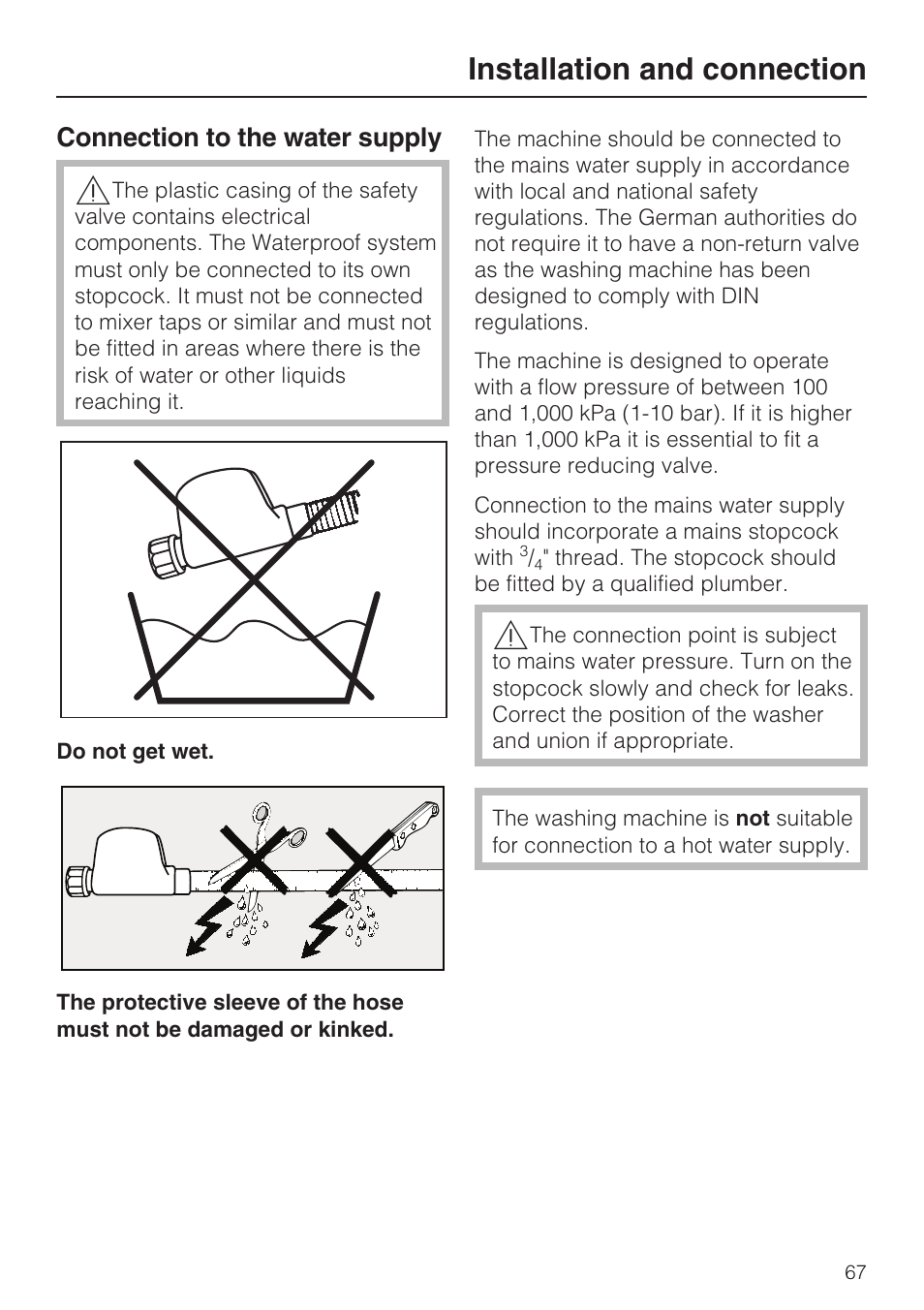 Connection to the water supply 67, Installation and connection, Connection to the water supply | Miele W 5964 WP User Manual | Page 67 / 84