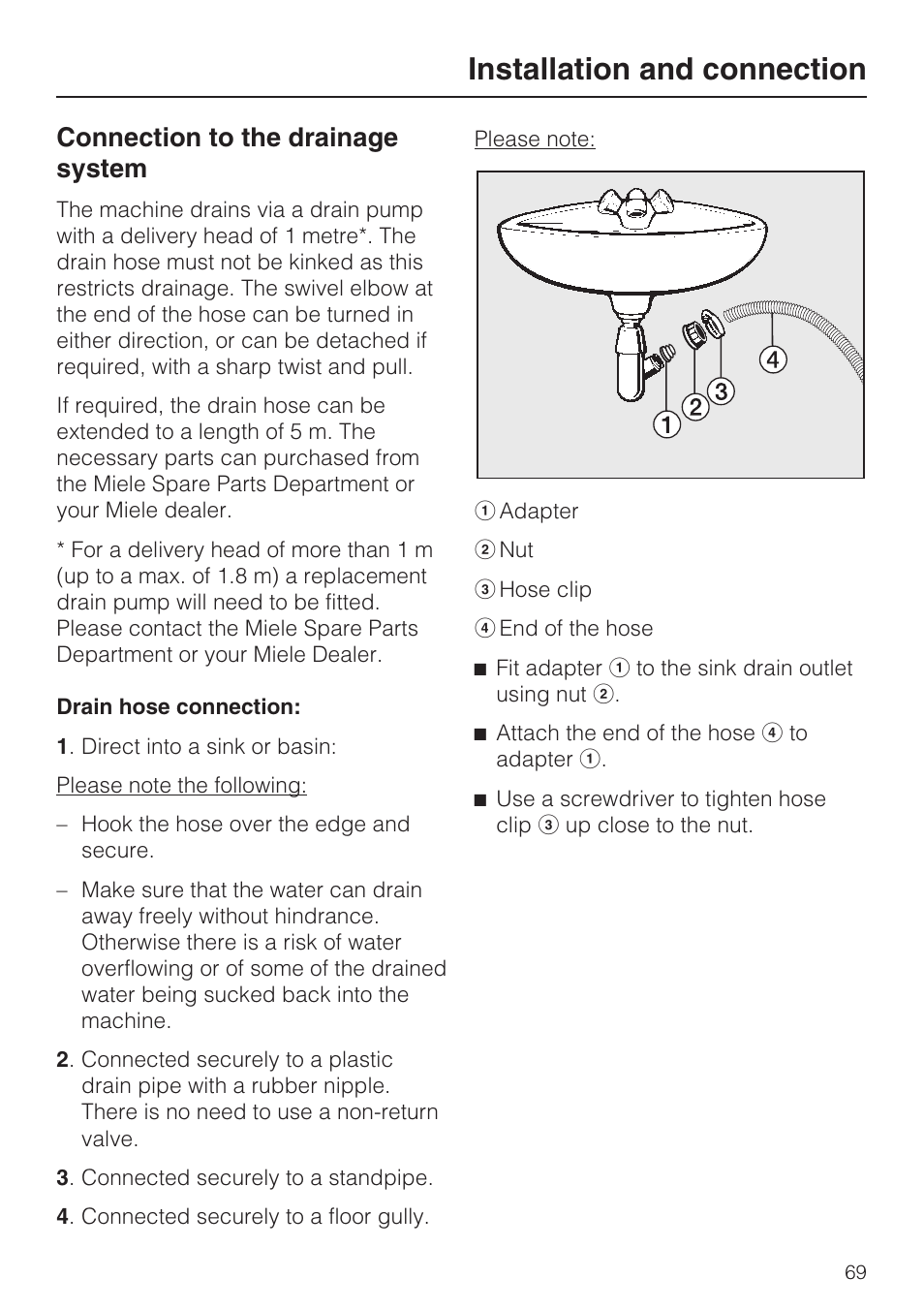 Connection to the drainage system 69, Installation and connection, Connection to the drainage system | Miele W 5964 WP User Manual | Page 69 / 84