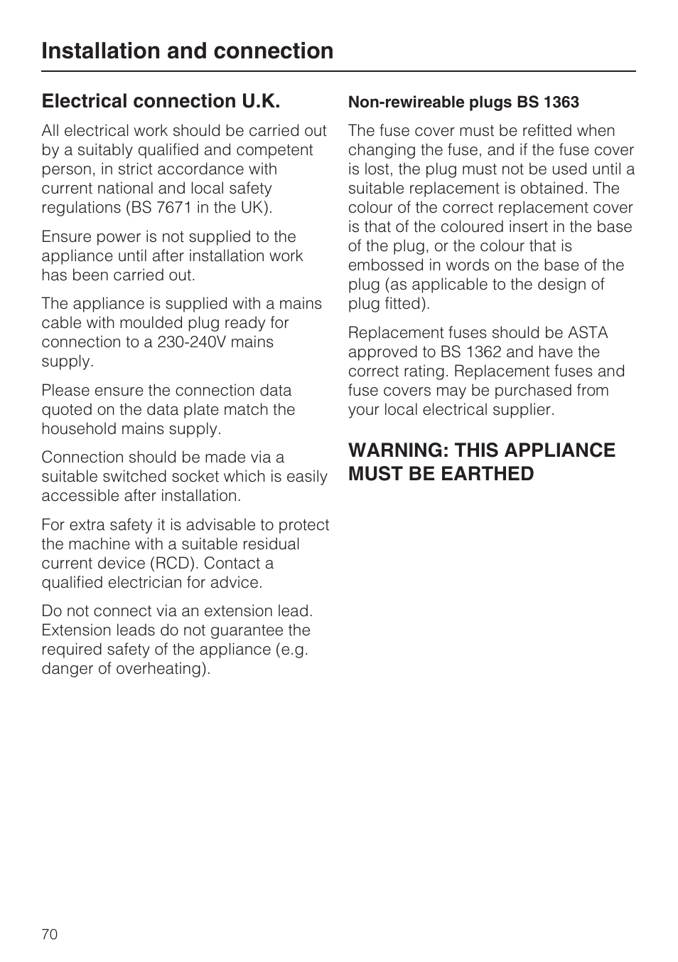 Electrical connection u.k. 70, Installation and connection, Electrical connection u.k | Warning: this appliance must be earthed | Miele W 5964 WP User Manual | Page 70 / 84