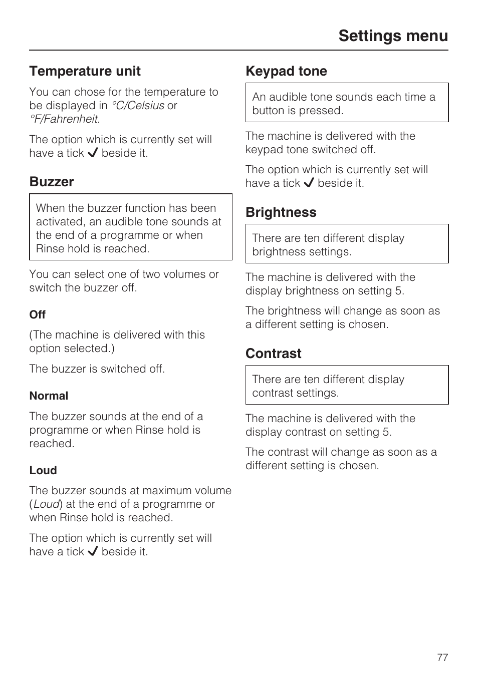 Temperature unit 77, Buzzer 77, Keypad tone 77 | Brightness 77, Contrast 77, Settings menu, Temperature unit, Buzzer, Keypad tone, Brightness | Miele W 5964 WP User Manual | Page 77 / 84