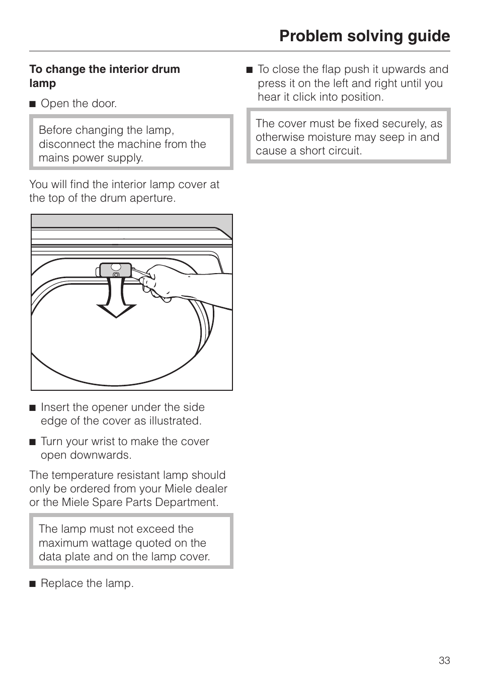 To change the interior drum lamp 33, Problem solving guide | Miele T 4422 C User Manual | Page 33 / 48