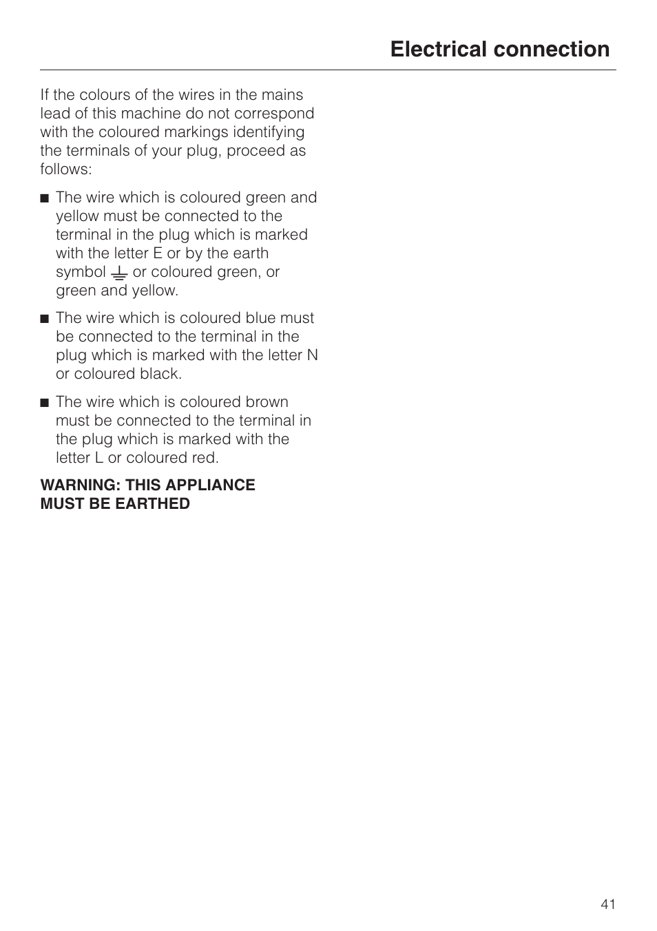 Electrical connection | Miele T 4422 C User Manual | Page 41 / 48