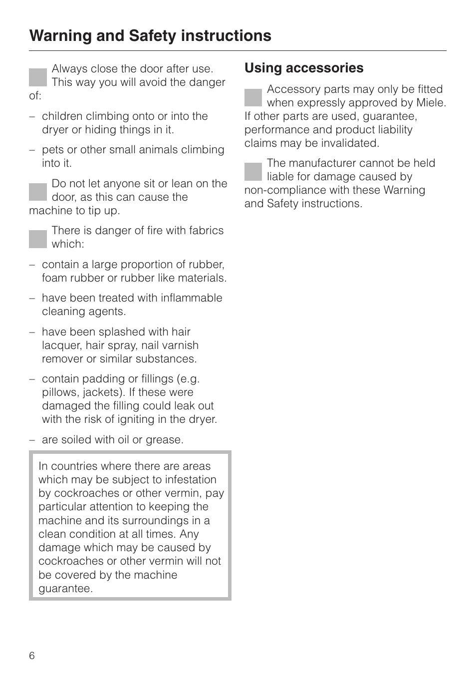 Warning and safety instructions, Using accessories | Miele T 4422 C User Manual | Page 6 / 48