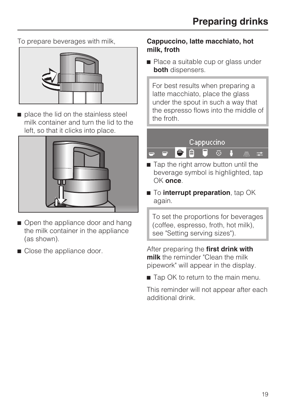 Preparing drinks | Miele CVA 4062 User Manual | Page 19 / 76