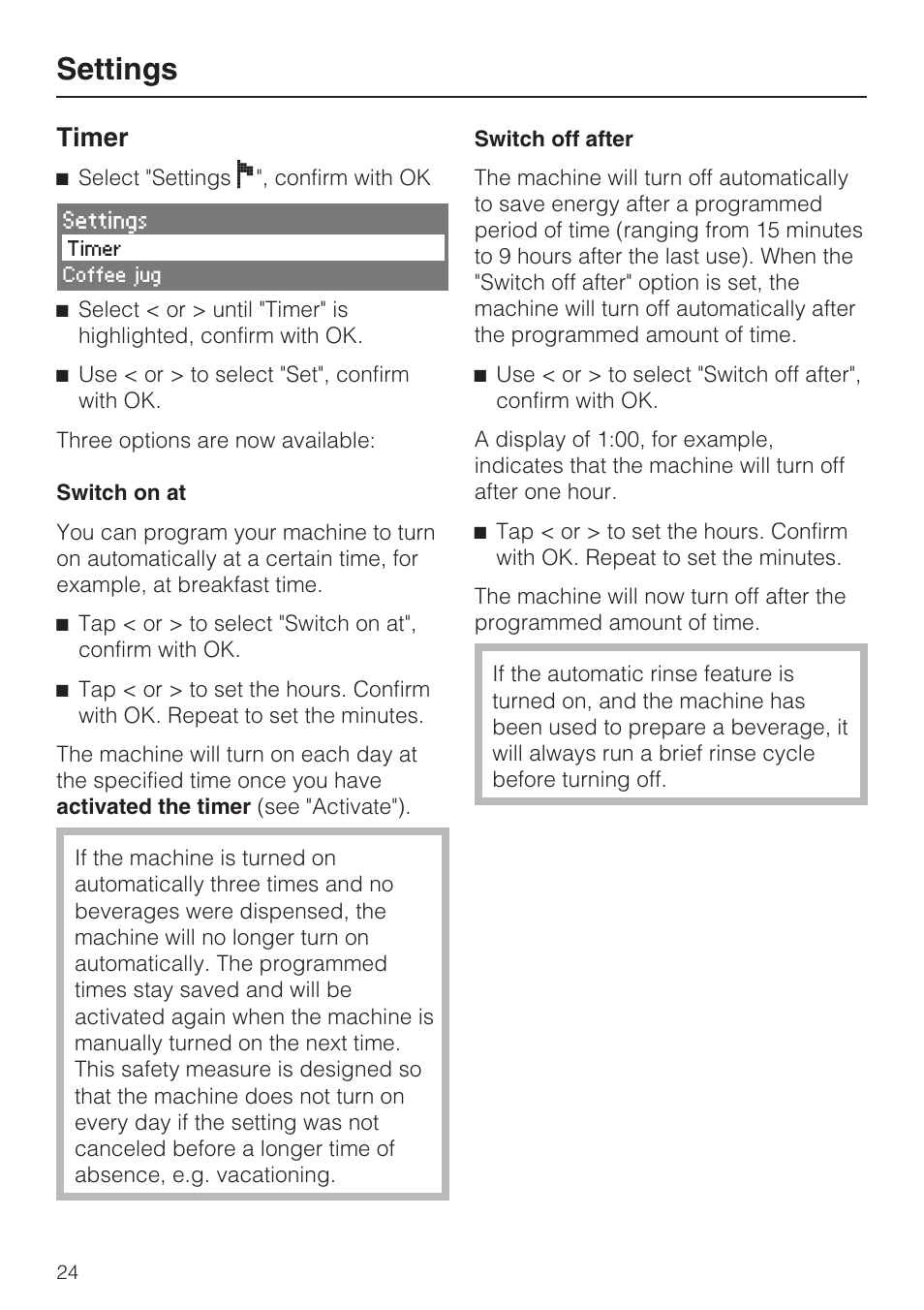 Timer 24, Settings, Timer | Miele CVA 4062 User Manual | Page 24 / 76