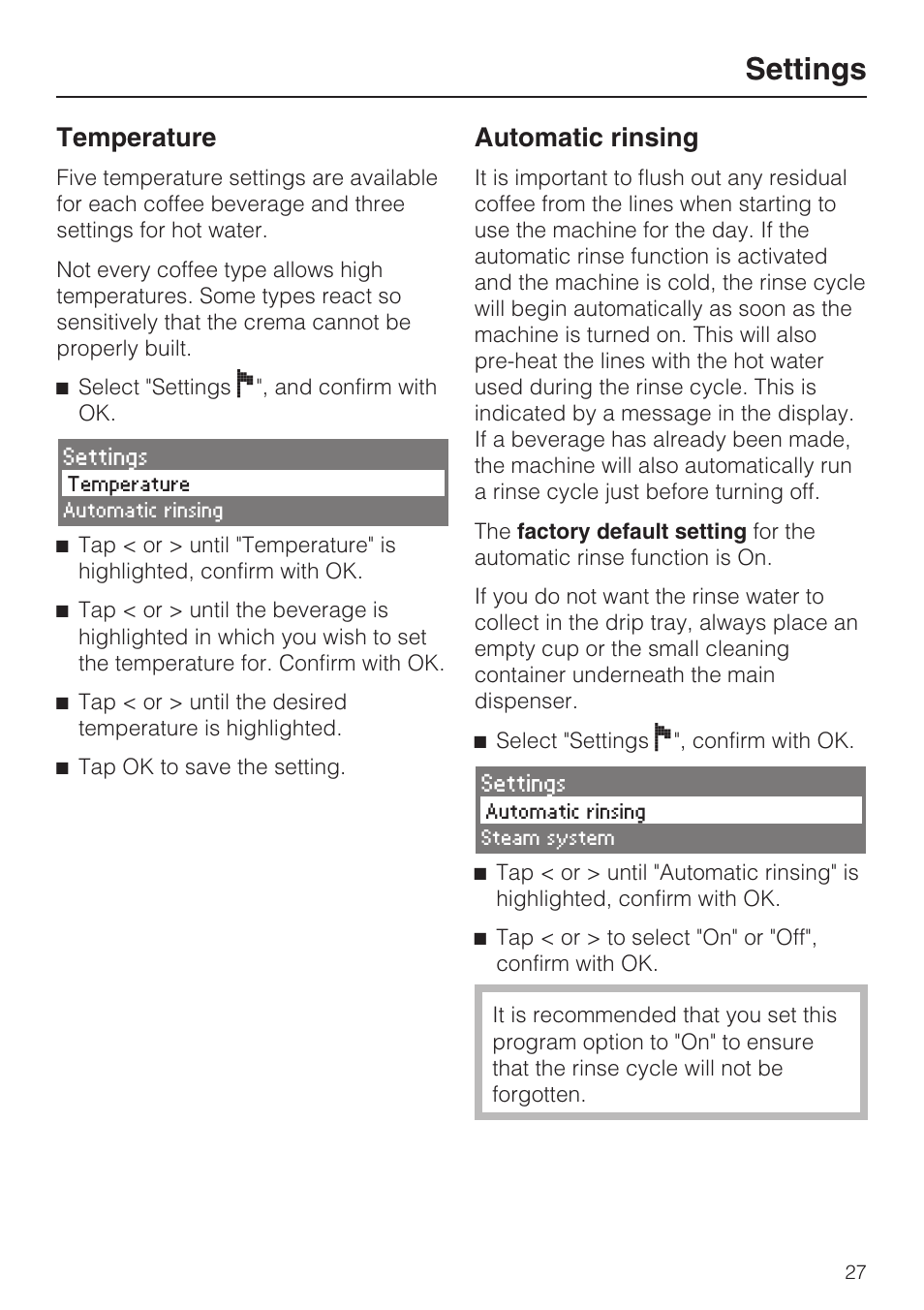 Temperature 27, Automatic rinsing 27, Settings | Temperature, Automatic rinsing | Miele CVA 4062 User Manual | Page 27 / 76