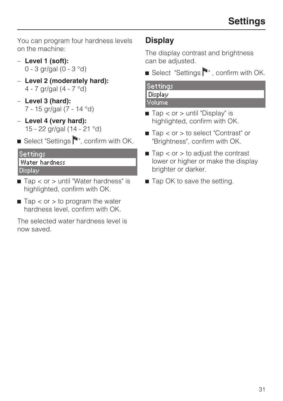 Display 31, Settings, Display | Miele CVA 4062 User Manual | Page 31 / 76