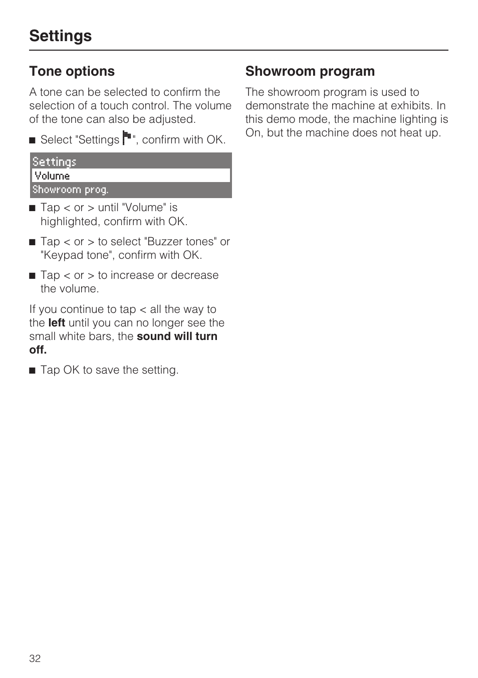 Tone options 32, Showroom program 32, Settings | Tone options, Showroom program | Miele CVA 4062 User Manual | Page 32 / 76