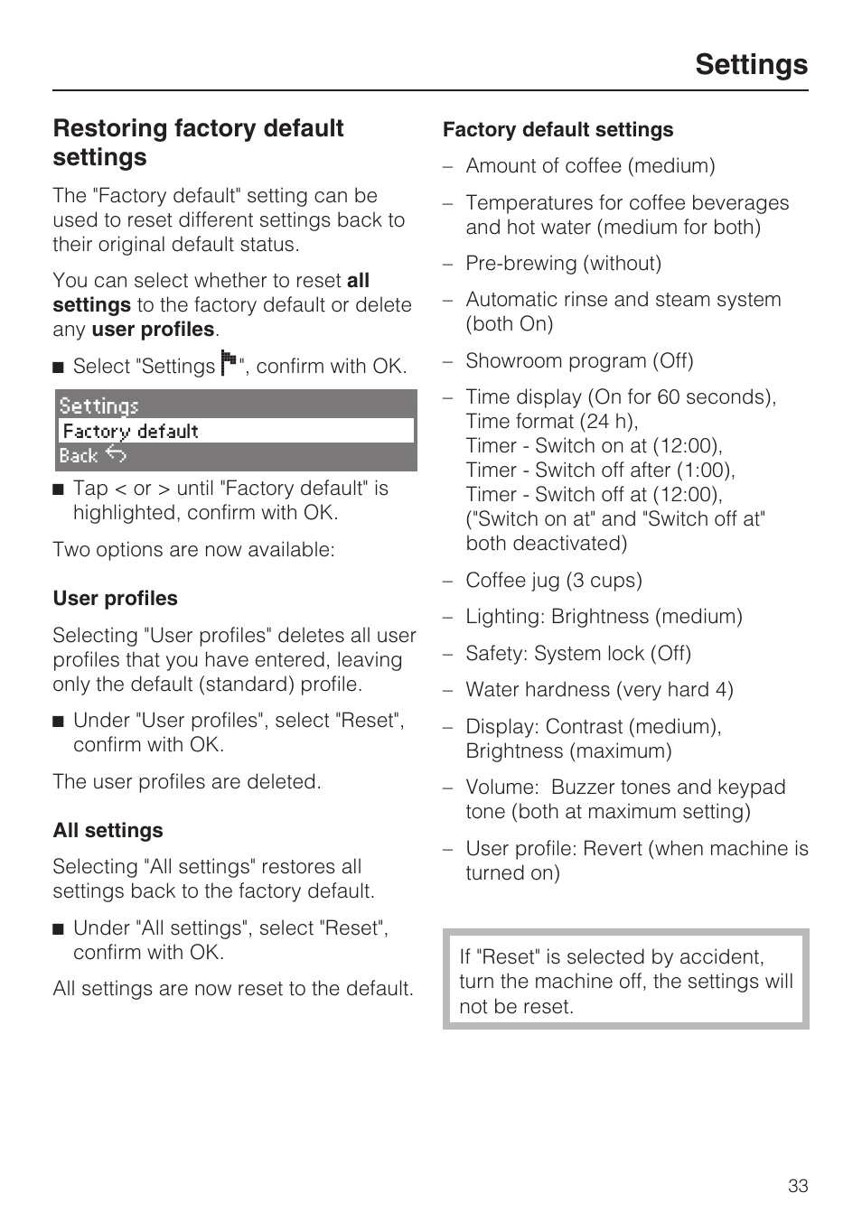 Restoring factory default settings 33, Settings, Restoring factory default settings | Miele CVA 4062 User Manual | Page 33 / 76