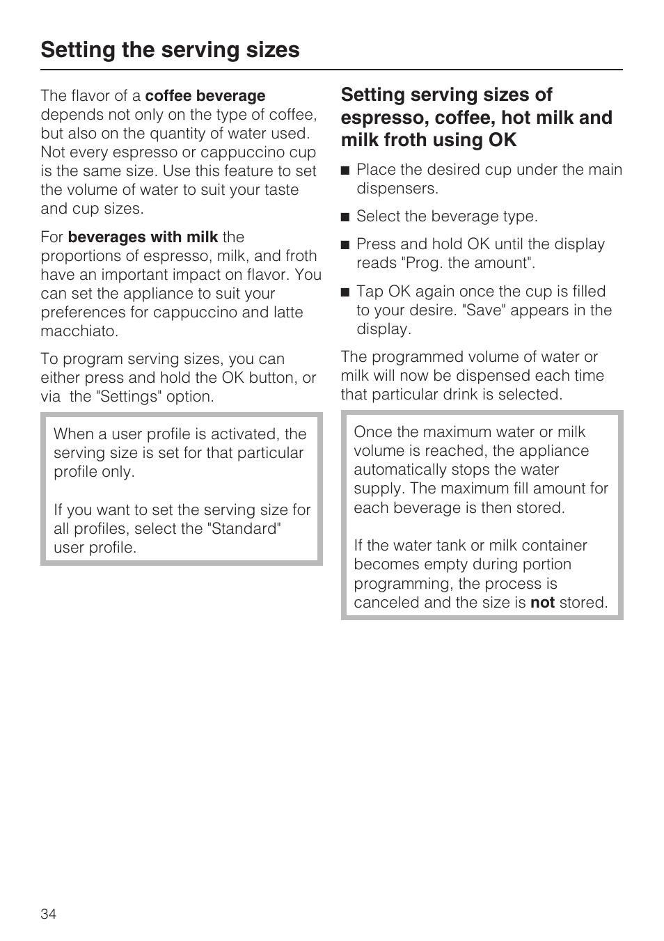Setting the serving sizes 34, Setting the serving sizes | Miele CVA 4062 User Manual | Page 34 / 76