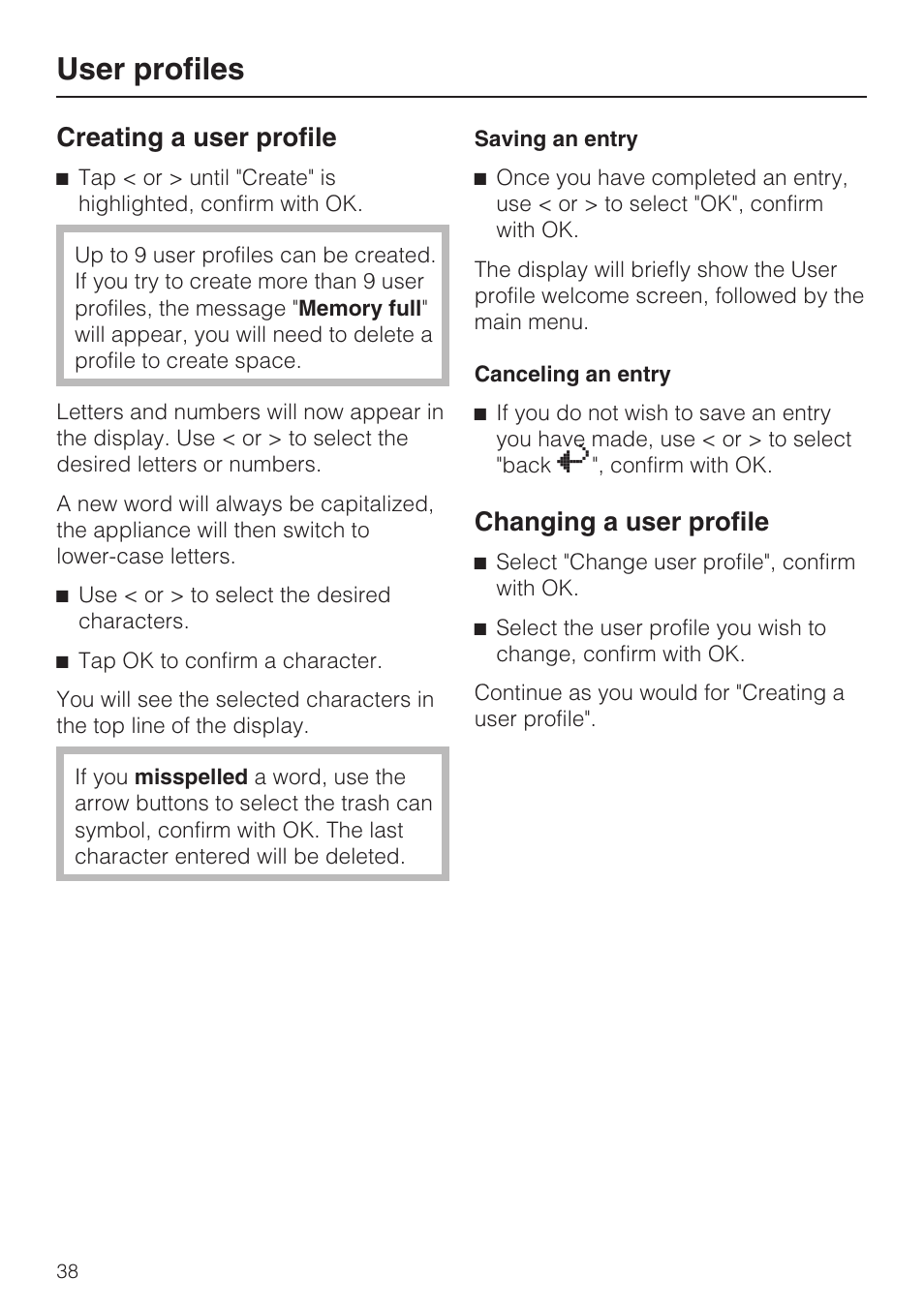 User profiles, Creating a user profile, Changing a user profile | Miele CVA 4062 User Manual | Page 38 / 76