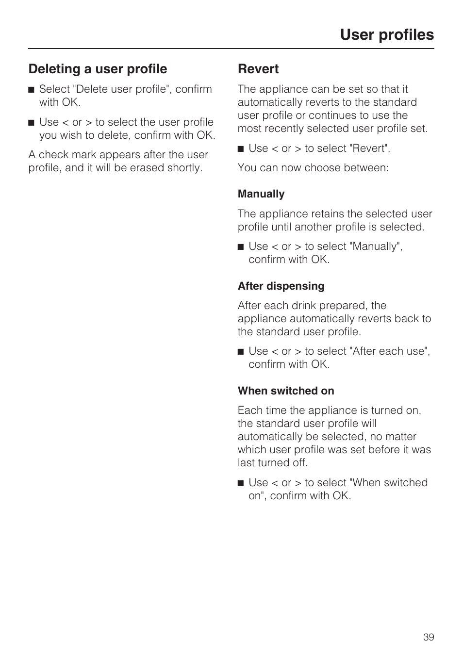 User profiles, Deleting a user profile, Revert | Miele CVA 4062 User Manual | Page 39 / 76