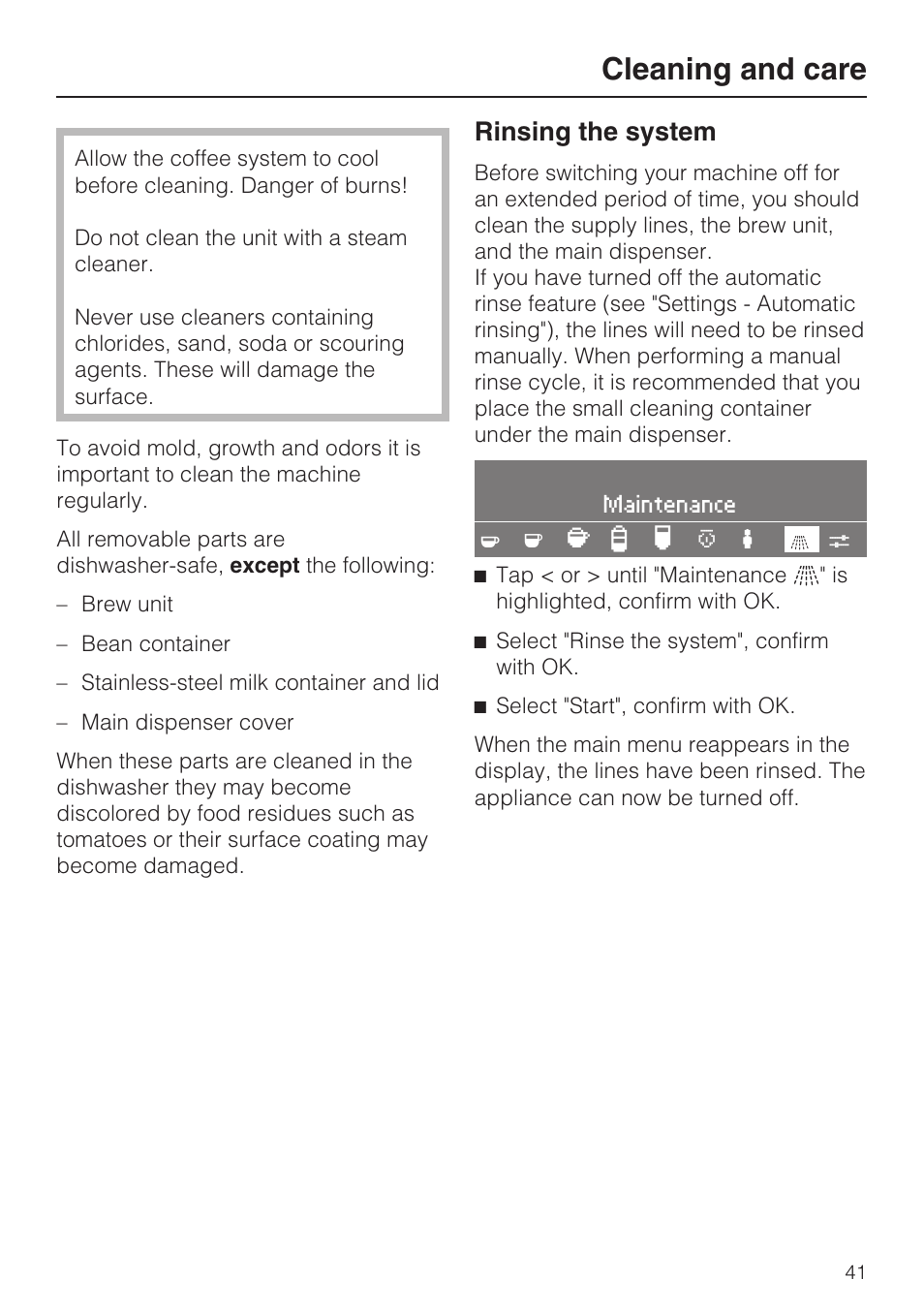 Cleaning and care, Rinsing the system | Miele CVA 4062 User Manual | Page 41 / 76