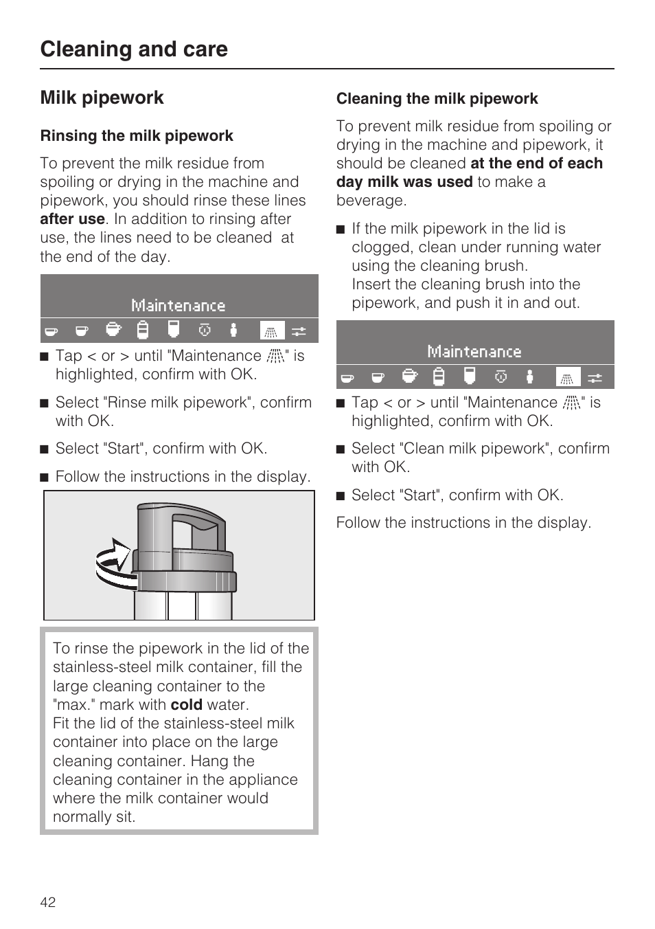 Cleaning and care, Milk pipework | Miele CVA 4062 User Manual | Page 42 / 76