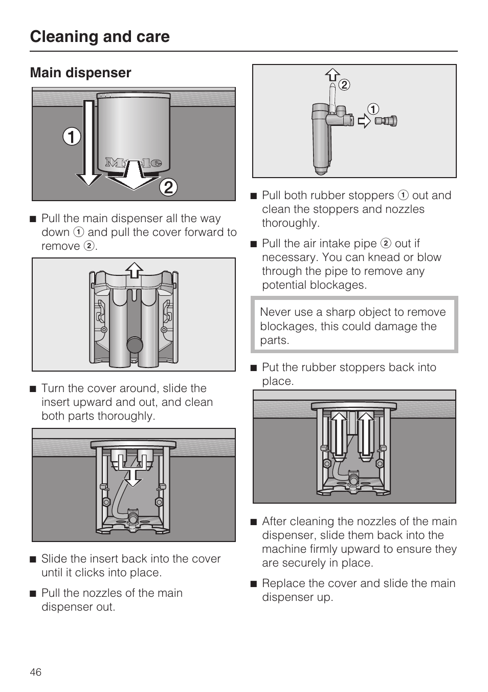 Cleaning and care, Main dispenser | Miele CVA 4062 User Manual | Page 46 / 76