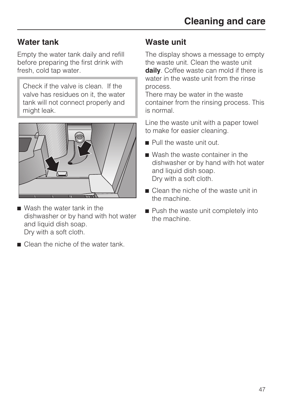Cleaning and care, Water tank, Waste unit | Miele CVA 4062 User Manual | Page 47 / 76
