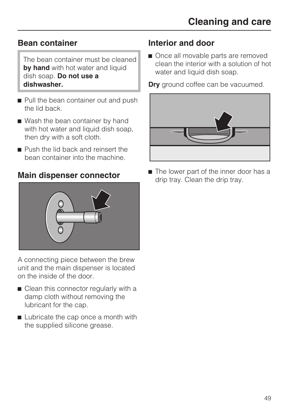 Cleaning and care, Bean container, Main dispenser connector | Interior and door | Miele CVA 4062 User Manual | Page 49 / 76
