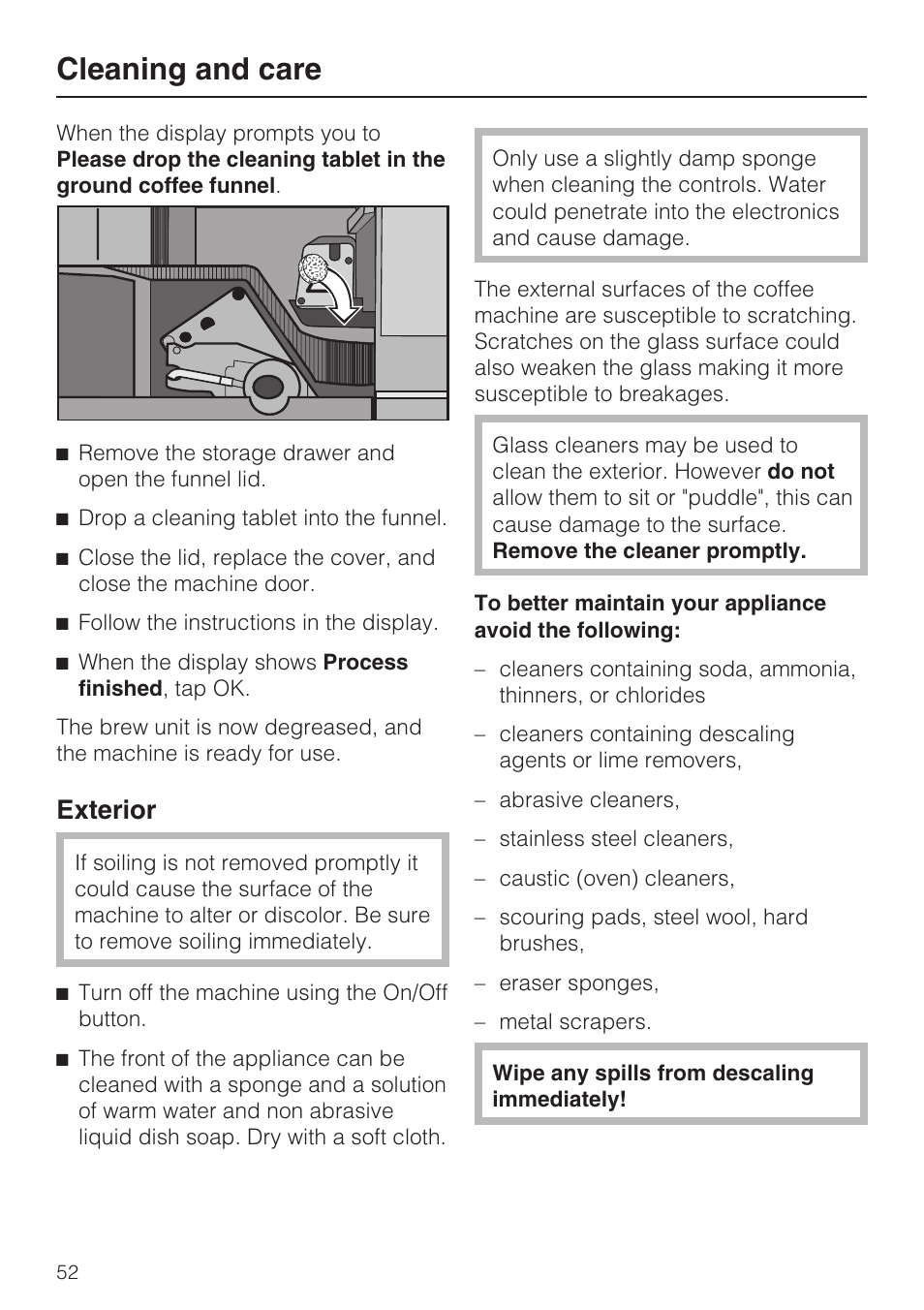 Cleaning and care, Exterior | Miele CVA 4062 User Manual | Page 52 / 76