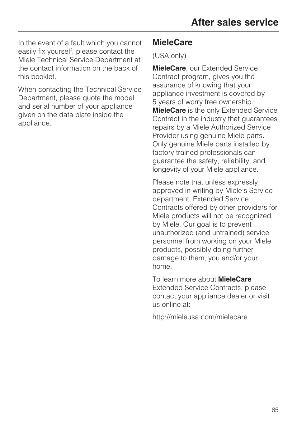 After sales service 65, After sales service, Mielecare | Miele CVA 4062 User Manual | Page 65 / 76