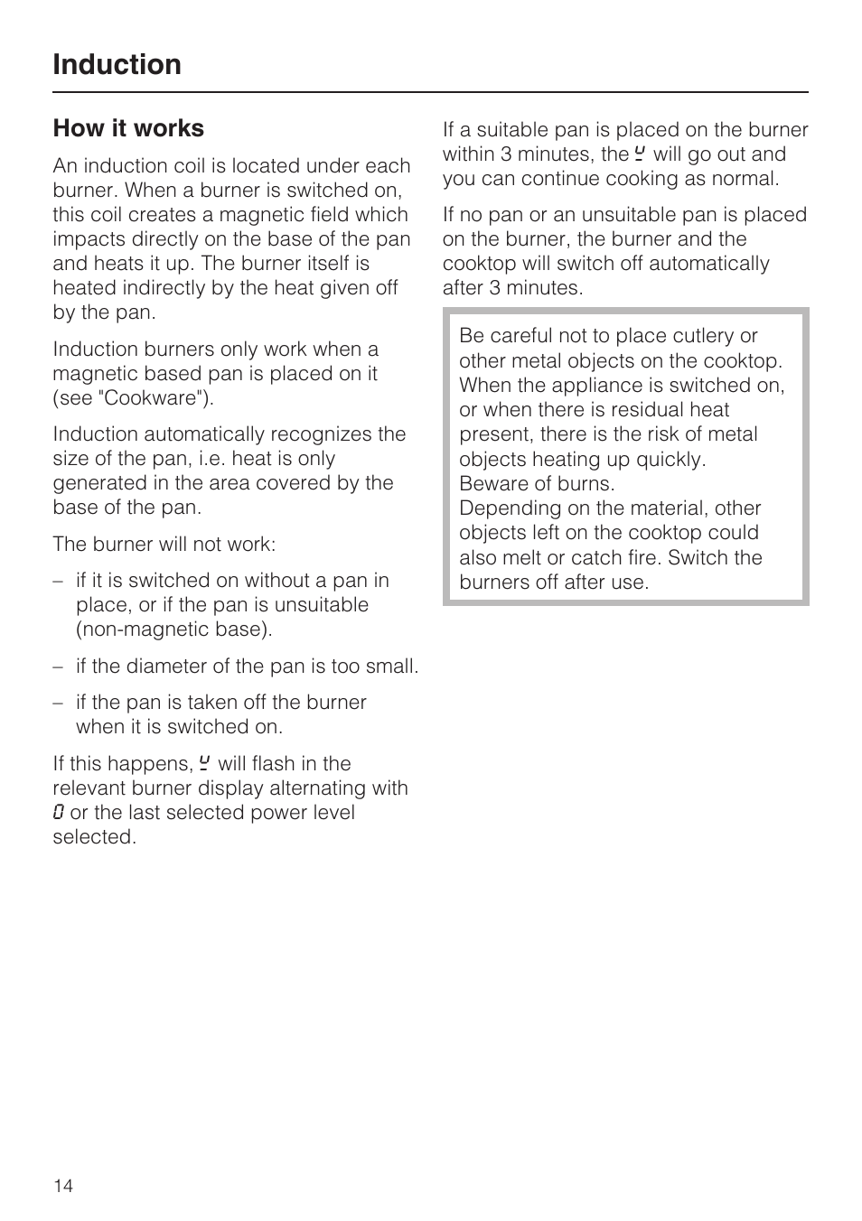 Induction 14, How it works 14, Induction | How it works | Miele KM5773 User Manual | Page 14 / 52