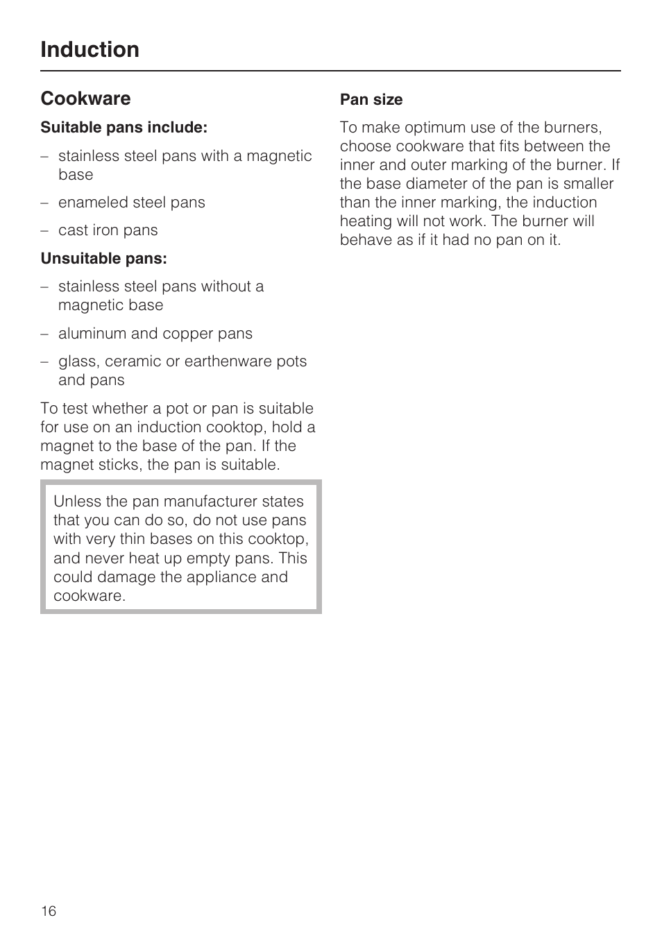 Cookware 16, Induction, Cookware | Miele KM5773 User Manual | Page 16 / 52
