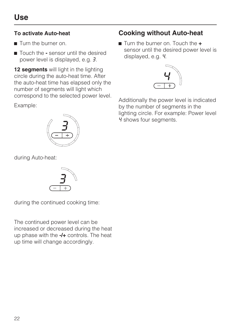 Cooking without auto-heat 22, Cooking without auto-heat | Miele KM5773 User Manual | Page 22 / 52