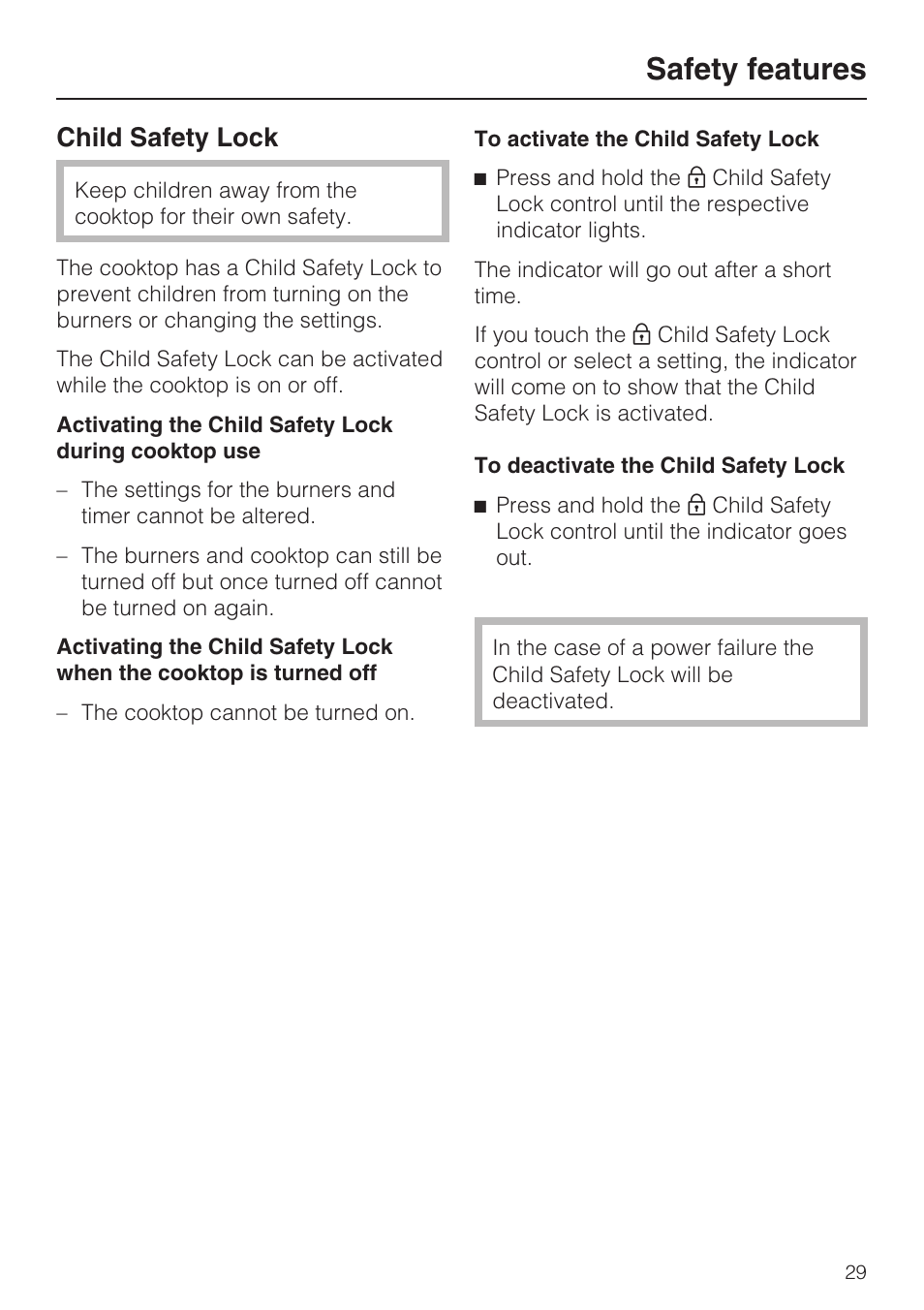 Safety features 29, Child safety lock 29, Safety features | Child safety lock | Miele KM5773 User Manual | Page 29 / 52