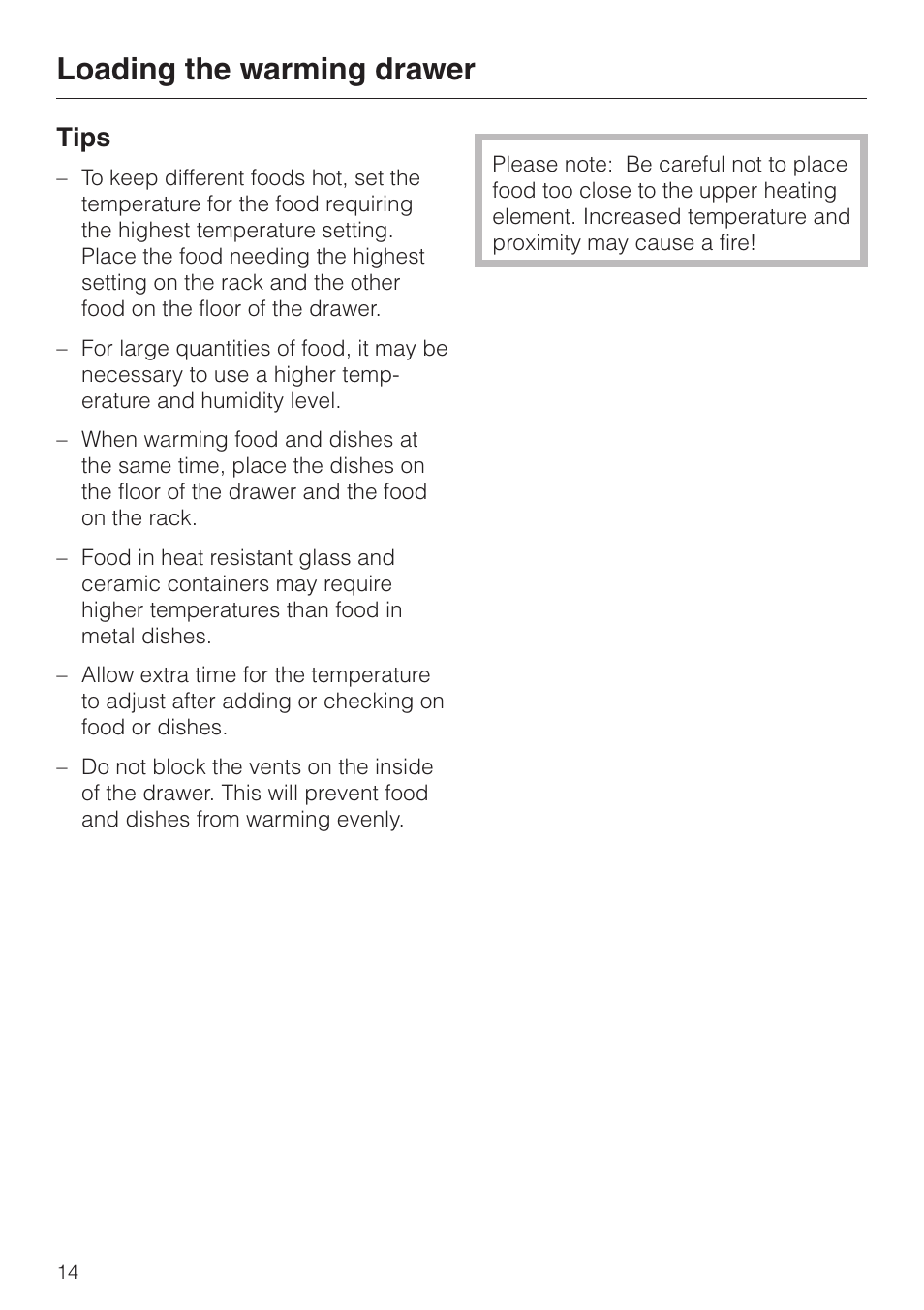 Tips 14, Loading the warming drawer, Tips | Miele ESW4820 User Manual | Page 14 / 36