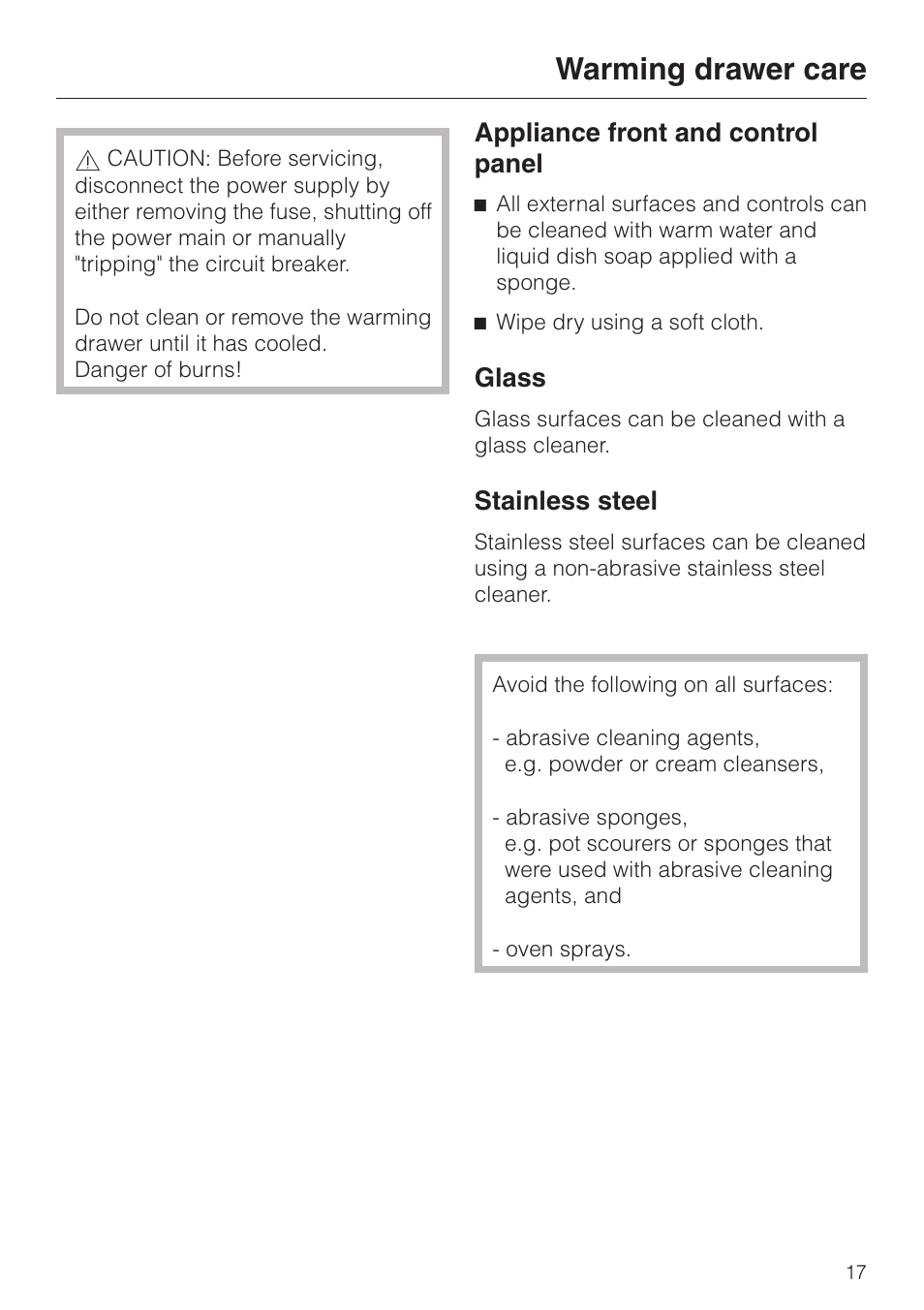 Warming drawer care 17, Appliance front and control panel 17, Glass 17 | Stainless steel 17, Warming drawer care, Appliance front and control panel, Glass, Stainless steel | Miele ESW4820 User Manual | Page 17 / 36