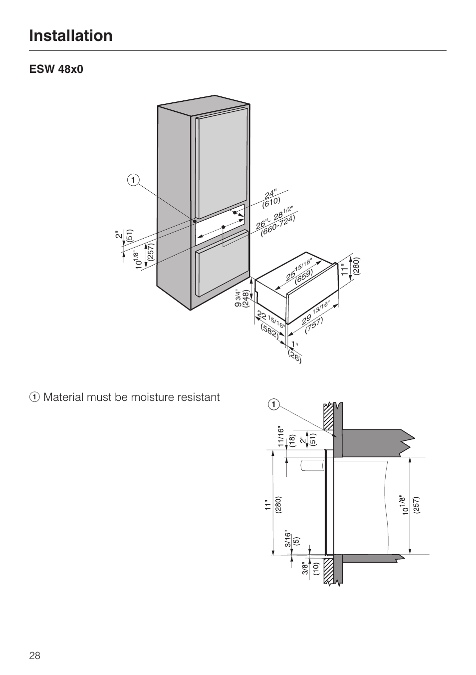 Installation, Esw 48x0 a material must be moisture resistant | Miele ESW4820 User Manual | Page 28 / 36