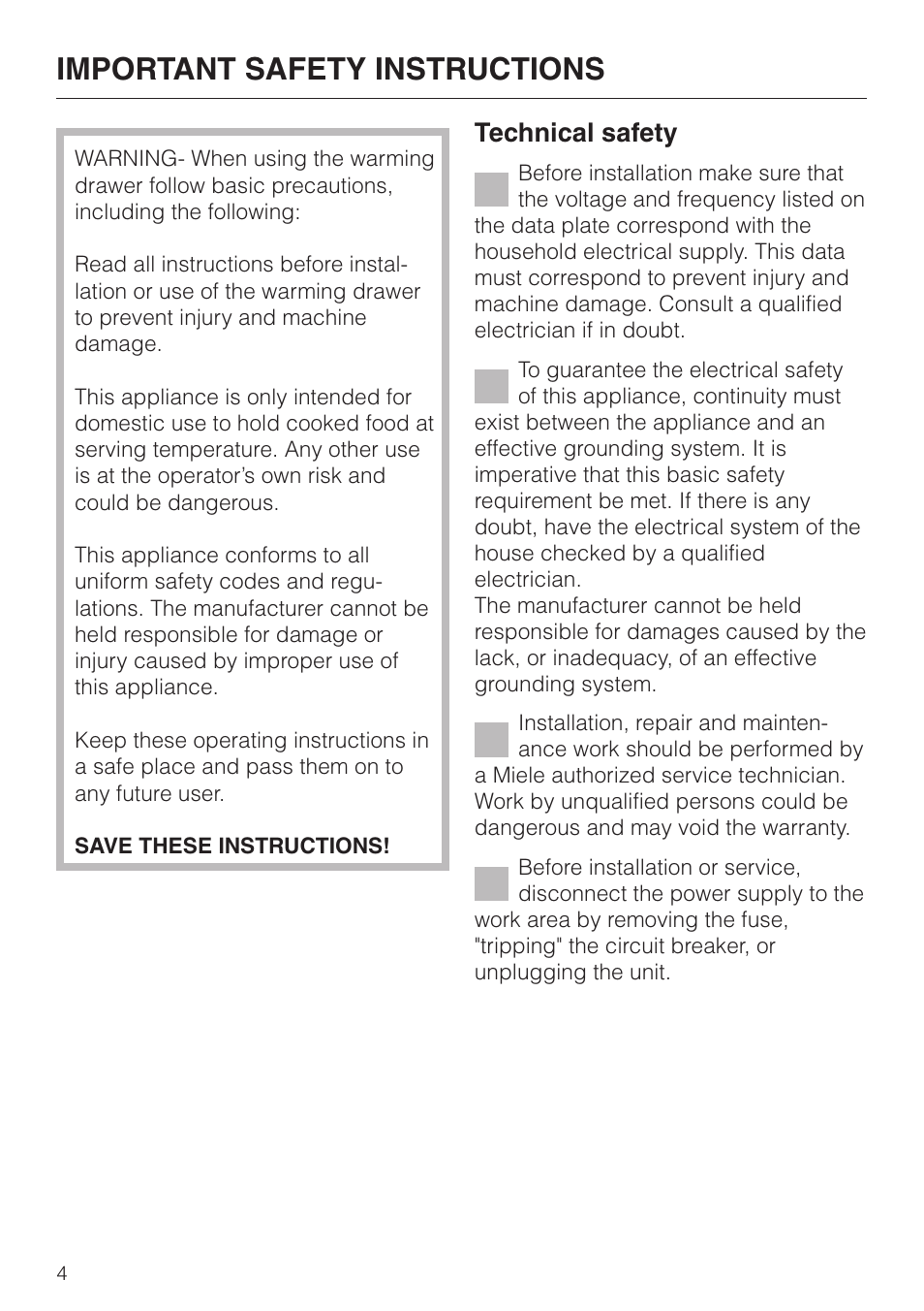 Important safety instructions 4, Important safety instructions, Technical safety | Miele ESW4820 User Manual | Page 4 / 36