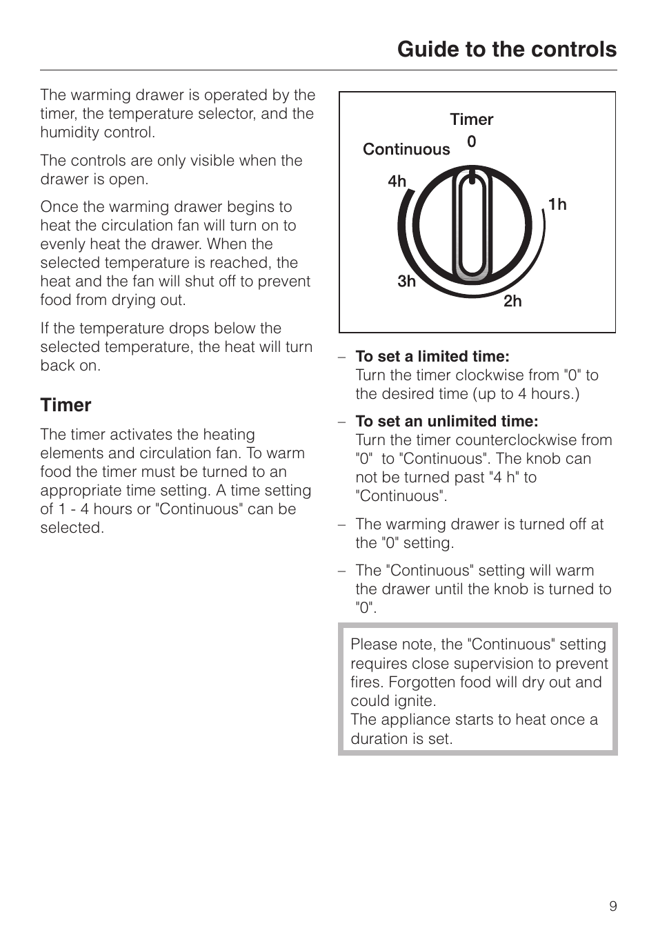 Guide to the controls 9, Timer 9, Guide to the controls | Timer | Miele ESW4820 User Manual | Page 9 / 36