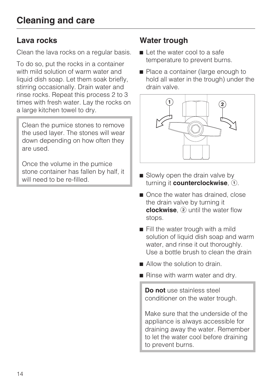 Cleaning and care, Lava rocks, Water trough | Miele ELECTRIC BARBECUE CS 1322 User Manual | Page 14 / 36