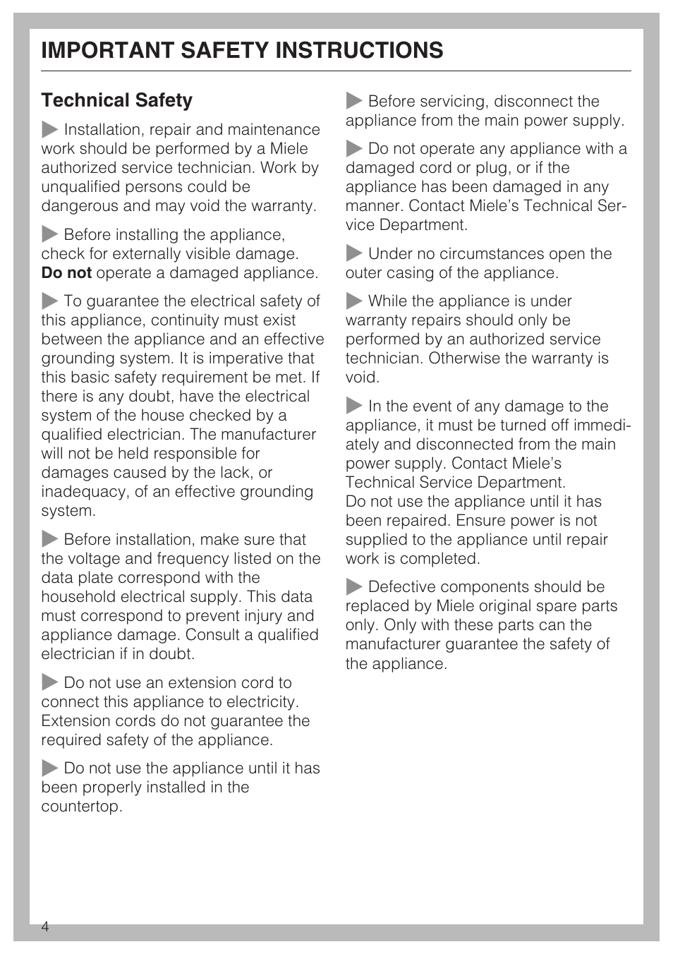 Important safety instructions | Miele ELECTRIC BARBECUE CS 1322 User Manual | Page 4 / 36