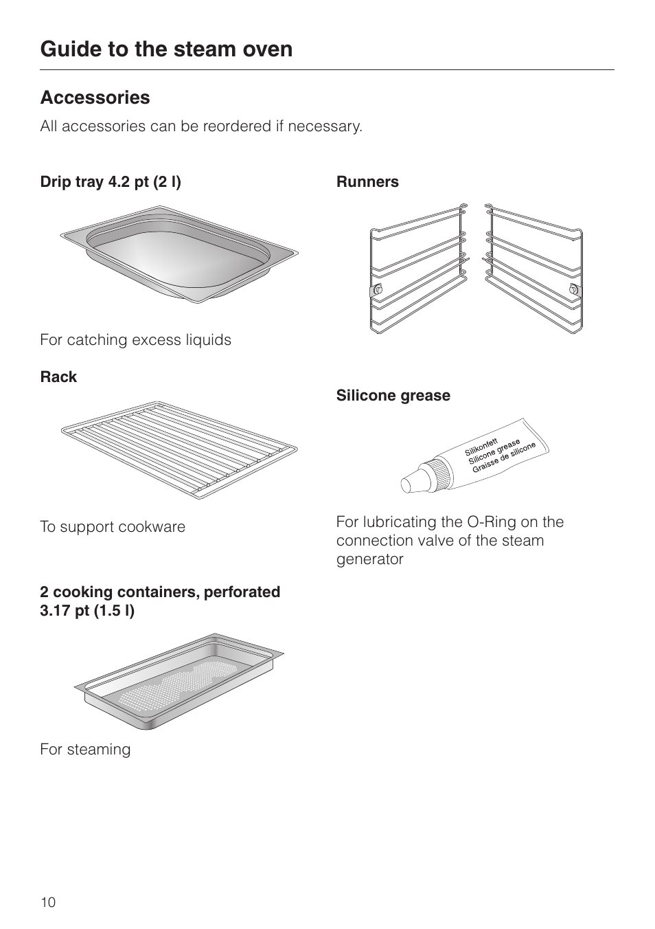 Accessories 10, Accessories, Guide to the steam oven | Miele DG2661 User Manual | Page 10 / 60