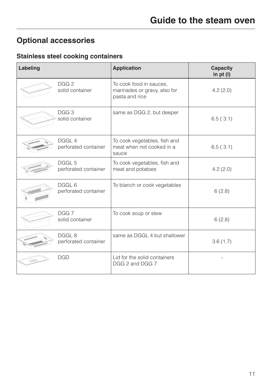 Optional accessories 11, Optional accessories, Guide to the steam oven | Miele DG2661 User Manual | Page 11 / 60