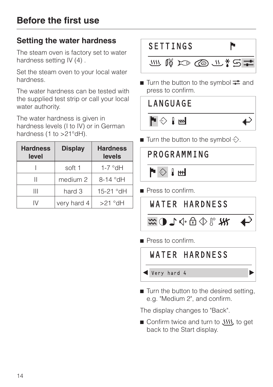 Setting the water hardness 14, Setting the water hardness, Before the first use | Miele DG2661 User Manual | Page 14 / 60