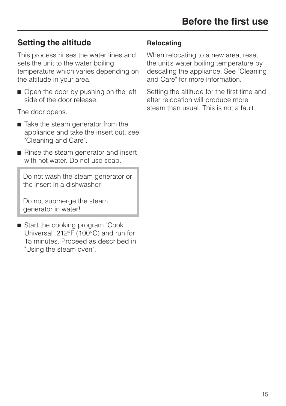 Setting the altitude 15, Setting the altitude, Before the first use | Miele DG2661 User Manual | Page 15 / 60