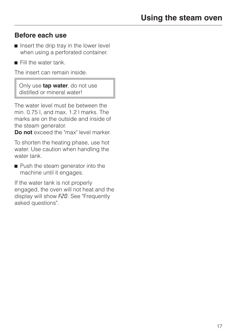 Using the steam oven 17, Before each use 17, Using the steam oven | Before each use | Miele DG2661 User Manual | Page 17 / 60