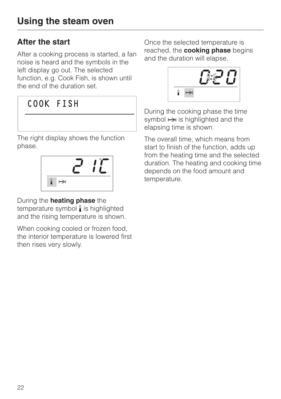 After the start 22, After the start, Using the steam oven | Miele DG2661 User Manual | Page 22 / 60